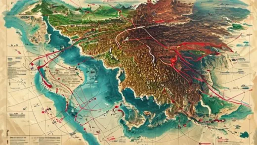 A detailed map showing Caspian Sea region with arrows indicating collapse of wild caviar trade, and a rising arrow from China representing the growing Chinese caviar industry, infographic style