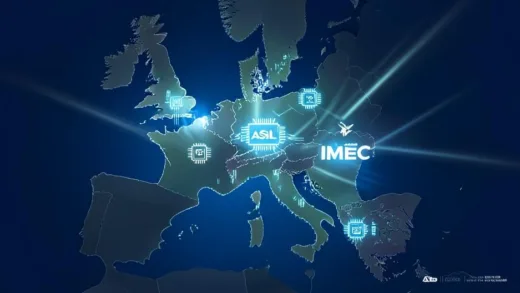A digital illustration showing a map of Europe with glowing semiconductor chip icons placed on Netherlands, Belgium, Germany, and France. ASML logo, IMEC logo, and chip fab symbols are highlighted with light beams.