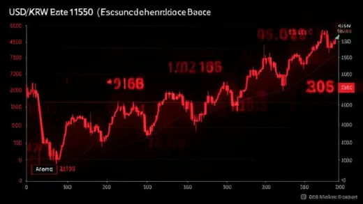 A dramatic bar chart showing USD/KRW exchange rate violently breaking through the 1550 resistance level, red alert indicators flashing, dark financial crisis atmosphere with glowing red numbers on a dark background