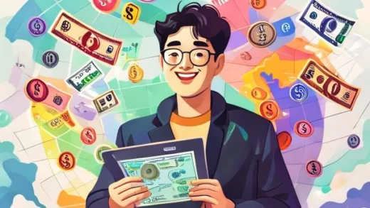 A friendly Korean information man holding a tablet with various Korean won bills and coins floating around him, with a map of South Korea showing different regions highlighted in the background, bright and energetic illustration style