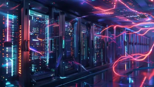 A futuristic AI data center with glowing server racks and GPU clusters, with an artistic overlay showing energy flow lines and power semiconductor chips, cinematic lighting, 8k resolution, hyperrealistic