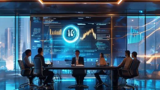 A futuristic business meeting room with a large digital screen showing a graph shifting from 'AI Usage Quantity' to 'AI ROI Value', with business professionals analyzing data and a glowing AI core in the center, sleek and modern design, blue and gold color scheme