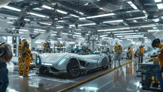 A futuristic car factory interior with both human workers and humanoid robots working side by side on an assembly line, 2026 style, clean bright lighting, photorealistic, wide angle view