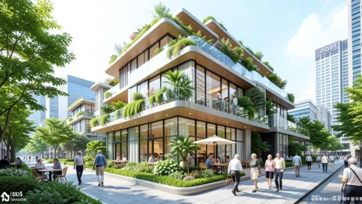 A futuristic luxury senior residence building in urban Seoul, 2026, modern architecture with lush green terraces, elderly people enjoying outdoor café and walking paths, bright sunny day, high-end urban living concept