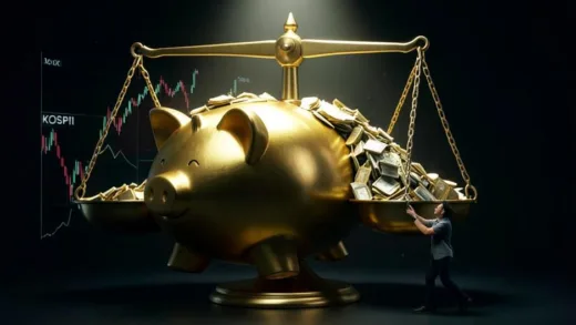 A giant golden piggy bank shaped like a balance scale, with KOSPI stock chart lines on one side overflowing heavily, and a small figure trying to push the excess stocks off the scale, cinematic lighting, financial concept illustration