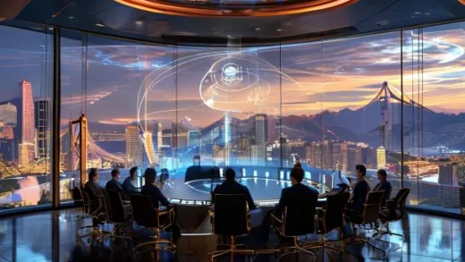 A grand summit meeting in San Francisco with global tech CEOs including Jensen Huang gathered around a circular holographic display showing an AI learning loop, futuristic conference room with Golden Gate Bridge visible through windows, photorealistic style