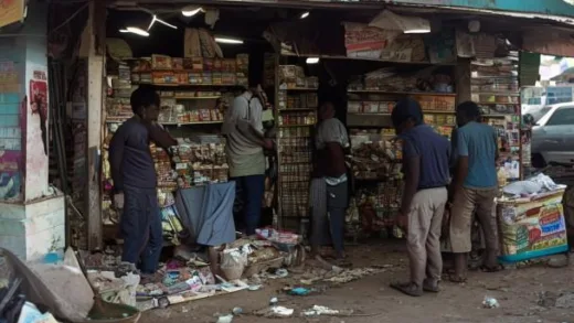 A group of armed South African residents confronting immigrant shop owners outside a ransacked small grocery store in Durban, broken shelves and scattered goods on the floor, tense atmosphere, documentary news photography style, realistic lighting.