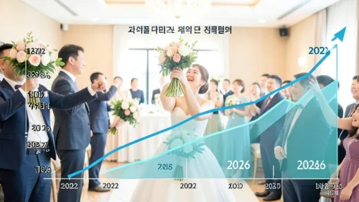 A Korean wedding hall bouquet toss scene with rising graphs overlay showing marriage statistics increase from 2022 to 2026, bright hopeful atmosphere, modern infographic style