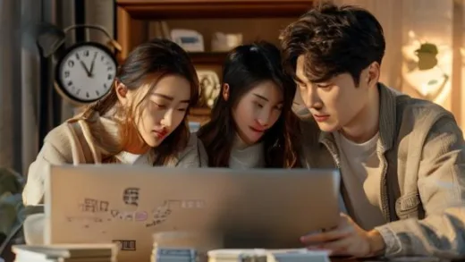 A Korean young couple looking seriously at a laptop with real estate listings, 5억 won in cash stacked on the table, a clock ticking symbolizing time passing, modern Korean apartment interior, hopeful but determined expression, warm lighting