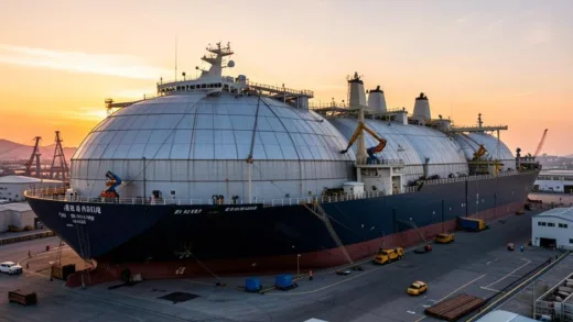 A large LNG carrier ship docked at a shipyard in South Korea, with advanced welding robots working on the membrane-type cargo tanks, sunset lighting, industrial atmosphere