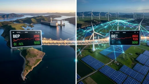 A majestic split-screen view showing two stock tickers BEP and BEPC on digital displays, connected by a glowing bridge to a massive global renewable energy infrastructure network spanning continents, hydro dams, wind farms and solar fields, photorealistic style, cinematic lighting