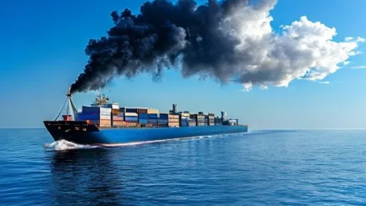 A massive cargo ship sailing on a blue ocean under a clear sky, with a split view showing traditional black smoke vs clean white steam, symbolizing the transition to eco-friendly ammonia fuel for maritime shipping.