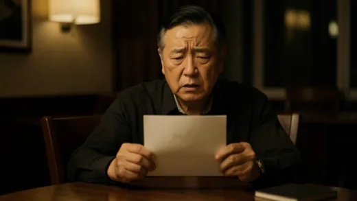 A middle-aged Korean man in his 60s sitting alone at a dimly lit dining table, holding a white wedding invitation envelope with a heavy and anxious expression, realistic photography style, warm but somber indoor lighting
