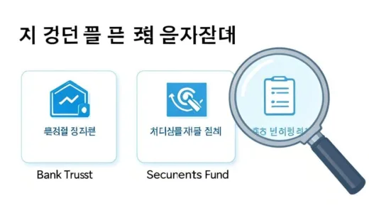 A modern infographic showing three types of pension savings accounts in South Korea: bank trust, insurance, and securities fund, with a magnifying glass highlighting the securities fund option, clean financial illustration style