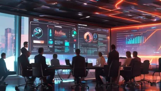 A professional business conference in 2027, a large screen showing AI transformation metrics and ROI dashboard, executives discussing digital strategy, futuristic yet corporate atmosphere, warm lighting, 4k quality