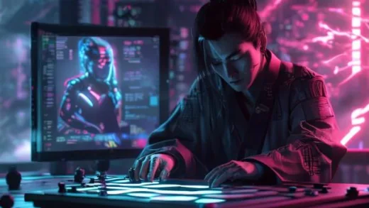 A professional Go player sitting at a Go board, making a decisive stone placement, with a digital AI avatar glowing on a monitor behind them, year 2026 atmosphere, cyberpunk meets traditional Korean aesthetics