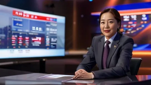 A professional Korean news anchor sitting at a desk with a large monitor showing Health Insurance Reform 2026 in Korean, modern broadcast studio setting, warm lighting