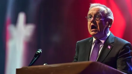 A shocked Swiss politician speaking at a podium with Swiss flag background, dramatic lighting, news conference atmosphere, 2025 modern setting
