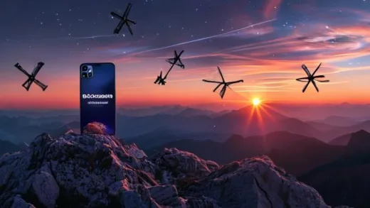 A smartphone on a mountaintop at sunset displaying 'Connected via Starlink' with visible satellites orbiting in the night sky above, cinematic wide shot, digital art style