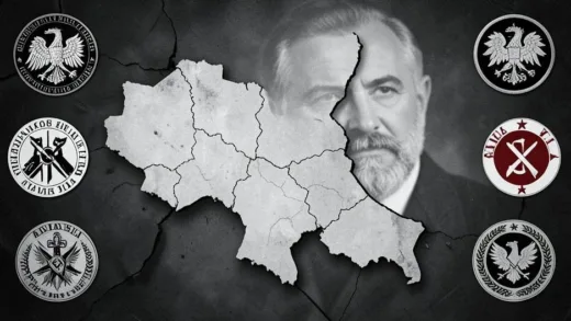A somber black and white historical photo showing the former Yugoslavia map crumbling apart, with Tito's portrait fading in the background, surrounded by divided ethnic symbols of Orthodox, Catholic and Islamic faiths