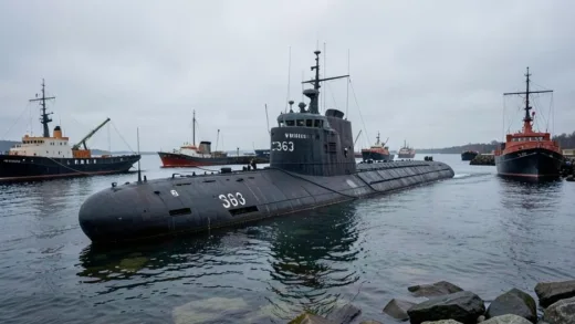 A Soviet Whiskey-class submarine S363 stranded on rocks in shallow water near a Swedish naval base at Karlskrona in October 1981, cold Baltic Sea atmosphere, Swedish naval vessels surrounding the submarine, grey overcast sky, realistic historical documentary style