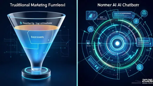 A split screen comparison showing traditional marketing funnel on left side and a modern AI chatbot conversation spiral on right side, with glowing data connections, futuristic digital interface style, 2026 year concept