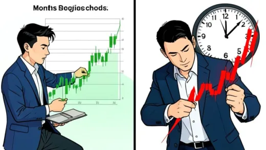 A split-screen illustration showing a person quickly selling a green rising stock chart on the left, while tightly holding onto a red falling stock chart on the right, with a clock showing months passing by, professional financial illustration style