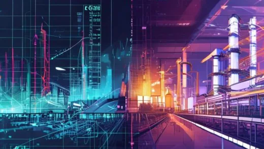 A split screen illustration showing KOSPI index chart with a sharp decline from June to July 2026 on the left, and semiconductor factory production lines with AI chip visuals on the right, digital art style, professional financial analysis atmosphere