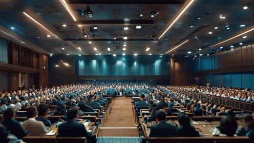 A wide shot of a South Korean National Assembly hearing room with lawmakers and witnesses at long tables, microphones, serious atmosphere, blue and neutral tones, photorealistic style