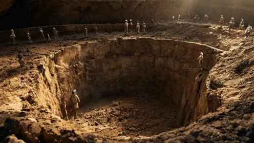 An ancient Chinese archaeological excavation pit, labeled K004, completely empty with earthen walls, contrasting with nearby pits filled with terracotta warriors, dramatic lighting emphasizing the emptiness, photorealistic style, cinematic quality