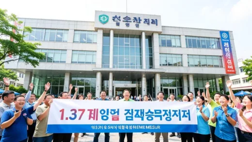 Busan city hall announcing a major economic support package, press conference with large banner saying '1.37 trillion won emergency measure', small business owners cheering in the background, bright hopeful atmosphere, photorealistic style