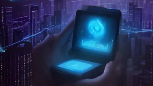 Korean investor looking at a smartphone with glowing stock charts and a large holographic 'AI' keyword floating above, city skyline at dusk, digital finance illustration, warm friendly tones, high detail