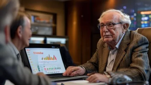 Warren Buffett sitting in a meeting room with GEICO executives looking at a laptop showing Google AdWords dashboard, charts showing insurance customer growth, warm professional office lighting