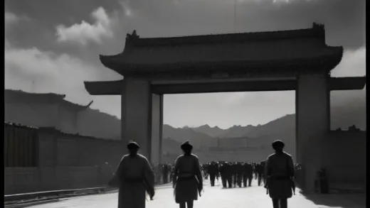 1937 summer East Asia, Japanese soldiers marching through ancient city gates of Beijing, tense pre-war atmosphere, dramatic clouds, cinematic historical war scene, sepia documentary film style