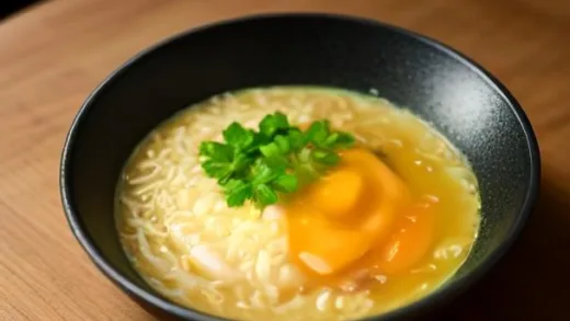 A beautifully plated bowl of premium instant ramen, steaming, with fresh ingredients artfully arranged, on a modern dining table.