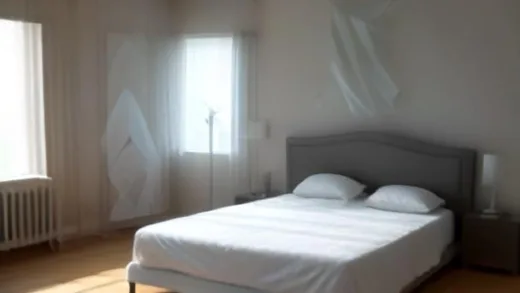 A brightly lit bedroom with a modern mattress, a transparent ghost-like figure of a person cleaning it, representing the "management" aspect. The scene should convey a sense of innovation and surprise.