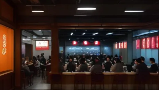 A bustling modern cafe in a vibrant Seoul street, with a long queue of young people waiting. The cafe has a distinct Chinese aesthetic blended with contemporary design. Bright, energetic atmosphere.