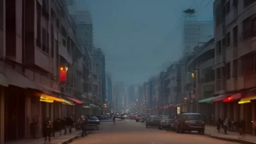 A bustling street in Pyongyang at night, with more cars than usual, modern residential buildings with illuminated windows, and vibrant streetlights. The scene should convey a sense of unexpected economic activity and recovery.