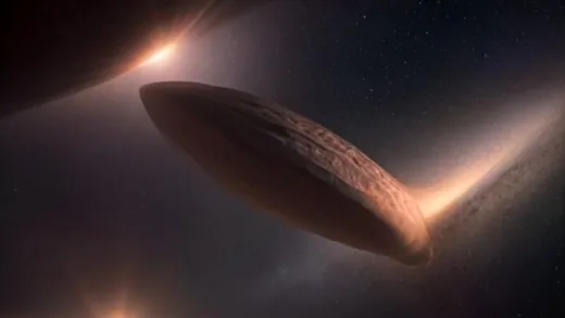 A cigar-shaped elongated interstellar rocky object called Oumuamua flying through deep space, reddish brown surface with no tail, bright Sun and distant stars in the background, dramatic cosmic lighting, hyper-realistic scientific space illustration