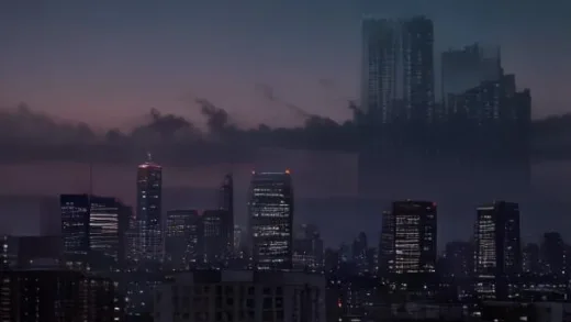 A cityscape at dusk with prominent corporate buildings looking troubled, overlaid with a subtle economic downturn graph and a calendar showing 2026.