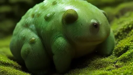A close-up, highly detailed microscopic image of a tardigrade, also known as a water bear, with its eight short legs and tiny claws visible. The background is a soft, blurry green of moss or algae. Scientific illustration style, clear focus on the tardigrade.