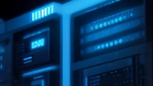 A close-up of a futuristic AI server rack with glowing blue light, showcasing stacked HBF memory modules connected to a powerful GPU. The design emphasizes high bandwidth and compact integration.