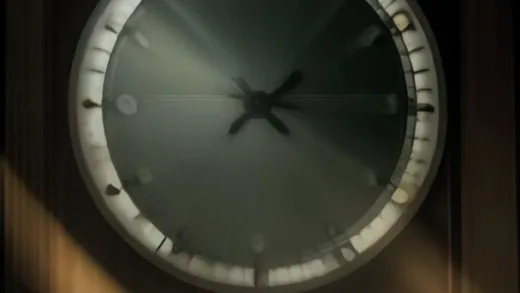 A conceptual image showing light rays resembling film strips, with a clock in the background, illustrating the idea that light creates time. The light should be bright and flowing.