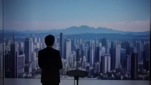 A concerned governor standing at a podium, announcing a financial crisis to reporters, with a backdrop of a bustling city reflecting Gyeonggi Province, in a modern, professional news conference setting. The year 2026 is subtly visible on a screen.