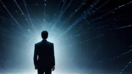A confused businessman looking at a complex, tangled web of economic and technological factors, symbolizing a new era of corporate crisis. The scene is futuristic and digital.
