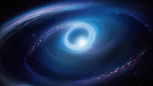 A cosmic view of a vibrant ring galaxy, with a clear central void and a bright, active ring of young, blue stars, against a dark, star-filled background. Emphasize the collision theory's visual effect.