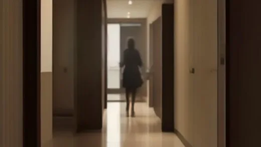 A cozy modern Korean apartment hallway at dusk, a person closing the front door with a deeply relieved expression, soft warm lighting, realistic cinematic style, emphasizing a calm peaceful atmosphere of coming home