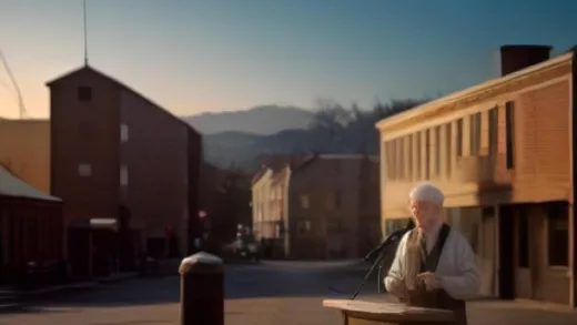 A cozy small-town Pennsylvania street scene at golden hour, an elderly man in his 70s with white hair standing at a town hall podium speaking to a small audience, warm film still aesthetic, soft cinematic lighting, gentle nostalgic mood