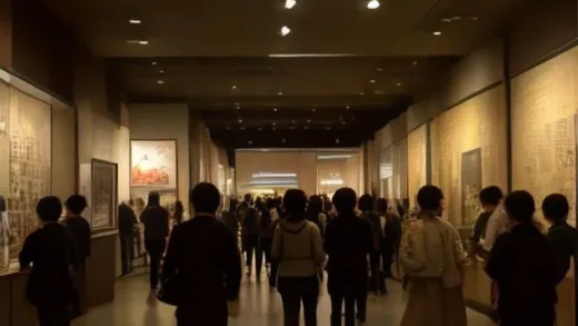A crowded museum gift shop with people eagerly reaching for unique, modern merchandise inspired by traditional Korean artifacts, a "Sold Out" sign is visible, with a subtle glow of excitement.