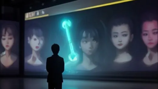A curious Korean presenter standing in front of a large screen showing various facial portraits, floating neon question mark symbols around, modern educational studio lighting, science video atmosphere